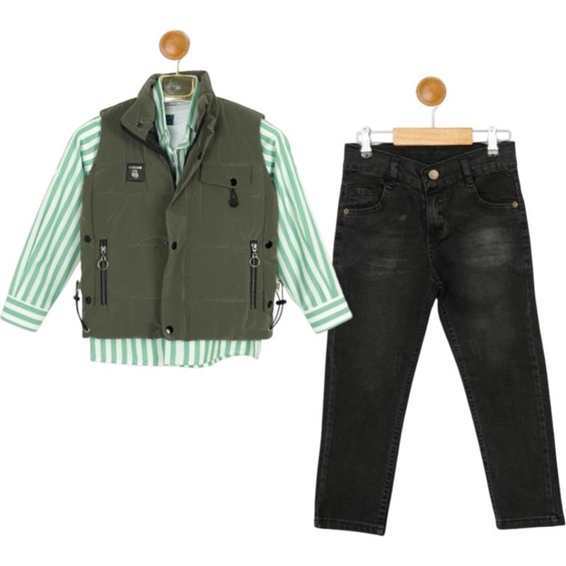 toptan 8-12 yaş arası erkek çocuklar için  mevsimlik yelek, gömlek ve kot pantolonlu üç parçalı takım elbise