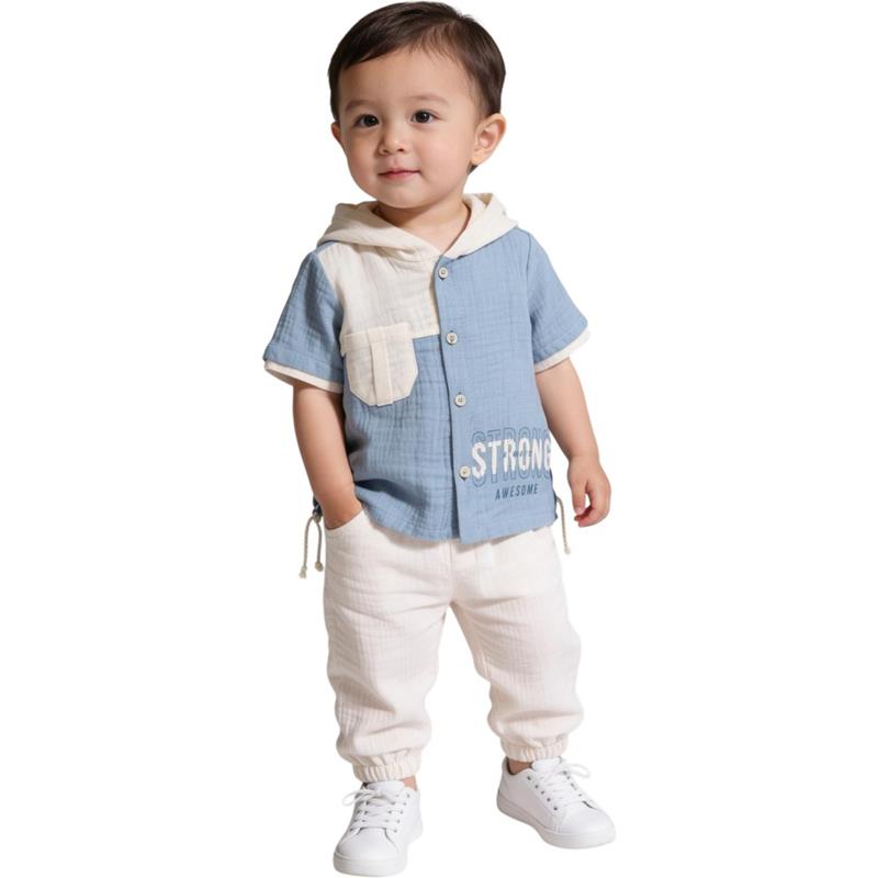 2581 toptan 9/24 aylık erkek çocuklar için gömlek ve pantolonlu yazlık ikili takım
