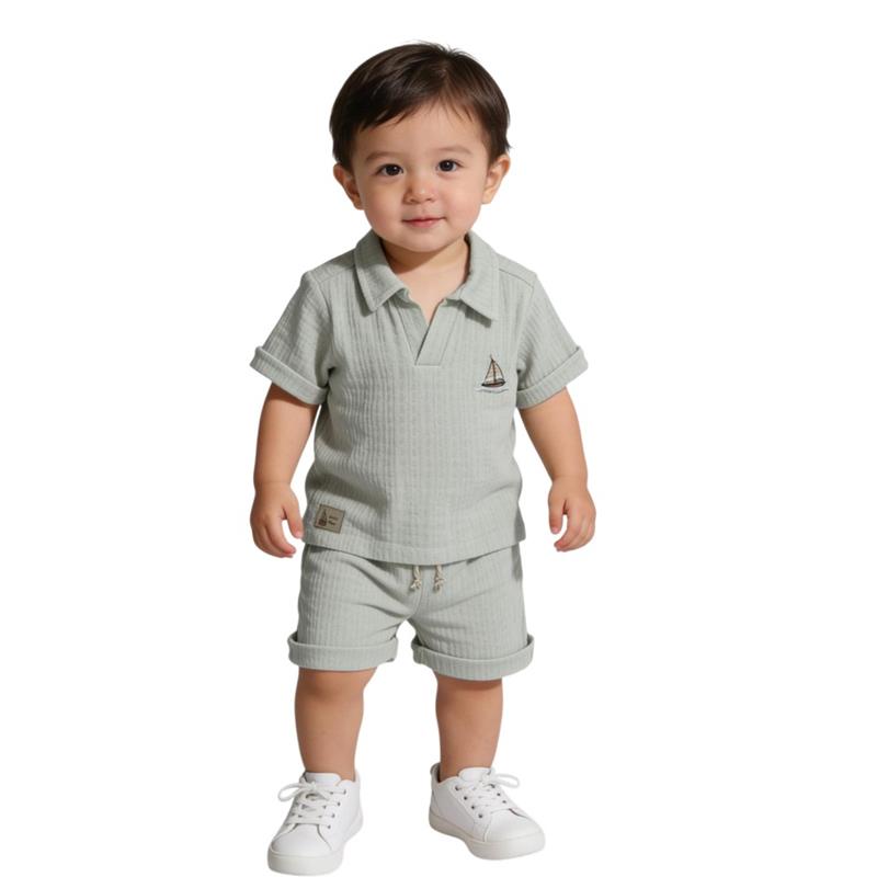2615 toptan 9-24 aylık erkek çocuklar için yazlık yakalı tişört ve şortlu iki parçalı takım