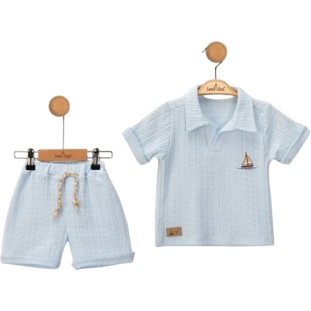 2615 toptan 9-24 aylık erkek çocuklar için yazlık yakalı tişört ve şortlu iki parçalı takım