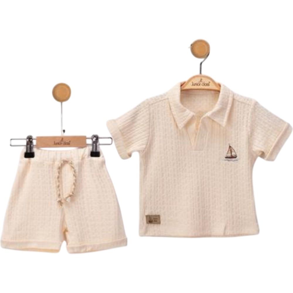 2615 toptan 9-24 aylık erkek çocuklar için yazlık yakalı tişört ve şortlu iki parçalı takım