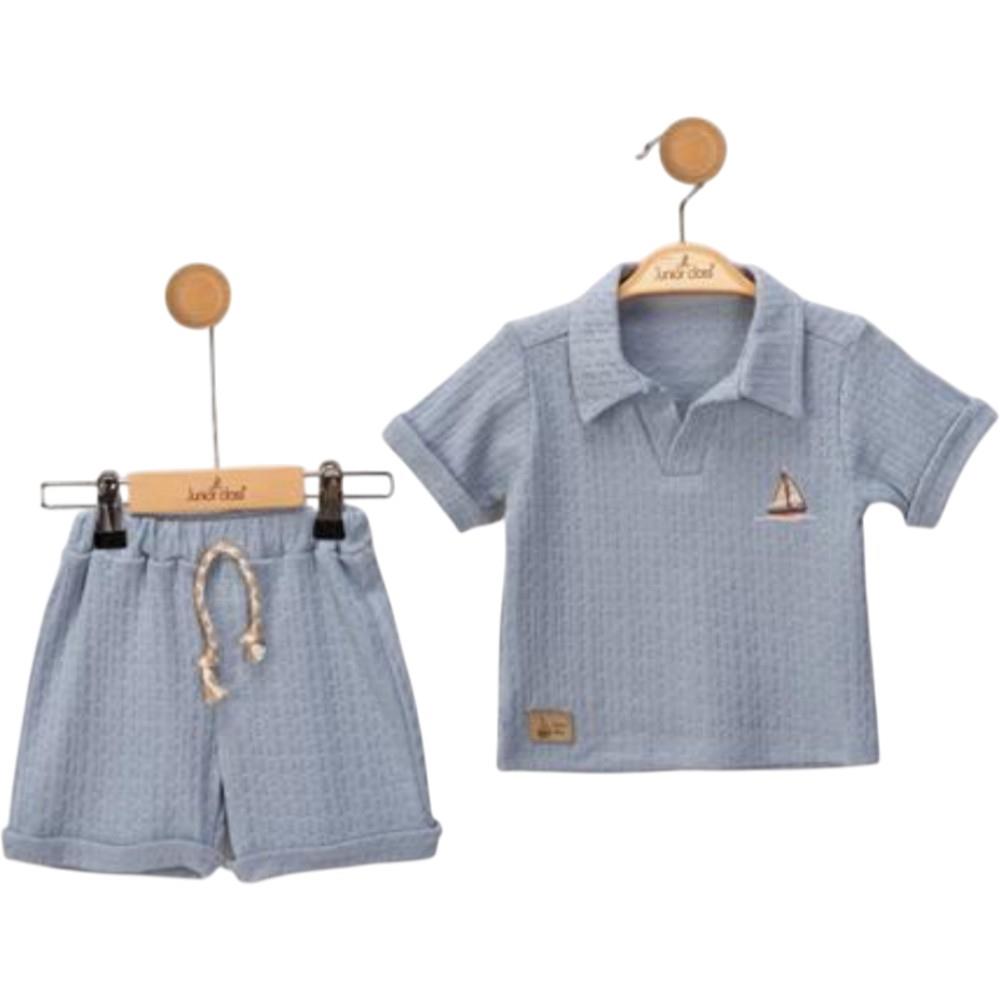 2615 toptan 9-24 aylık erkek çocuklar için yazlık yakalı tişört ve şortlu iki parçalı takım