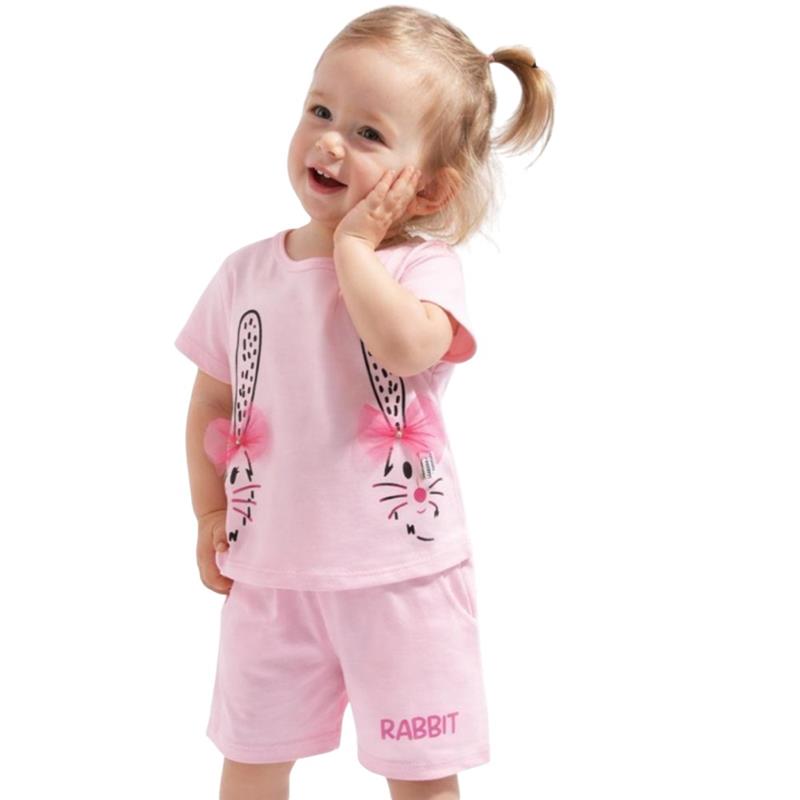 2647 toptan 9-24 aylık kız çocuklar için şortlu tişörtlü yazlık iki parçalı takım