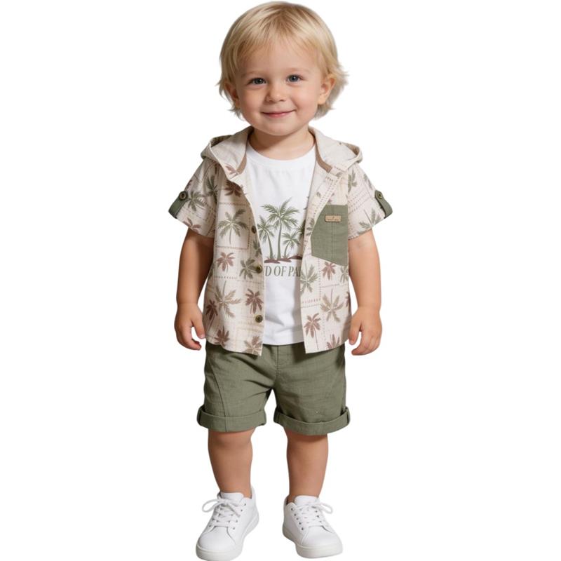 2603 toptan 9-24 aylık erkek çocuklar için yazlık gömlek, şortlu tişörtlü üç parçalı takım