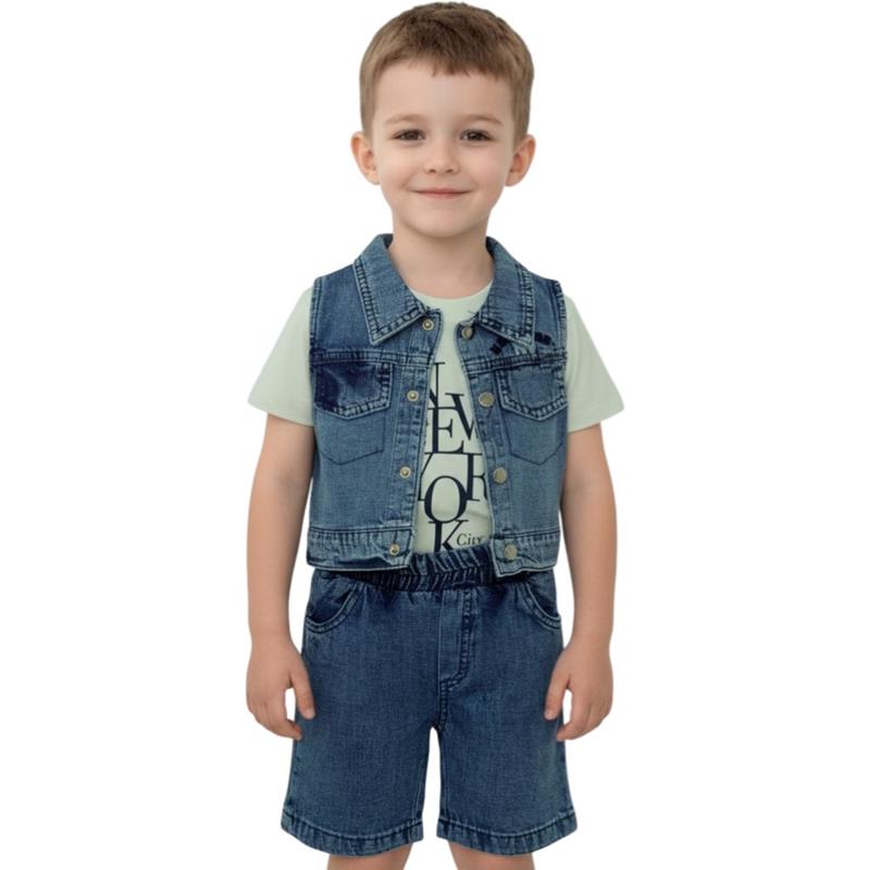 1329 toptan 1/4 yaş erkek çocuklar için kot yelekli,şortlu ve tişörtlü üçlü takım