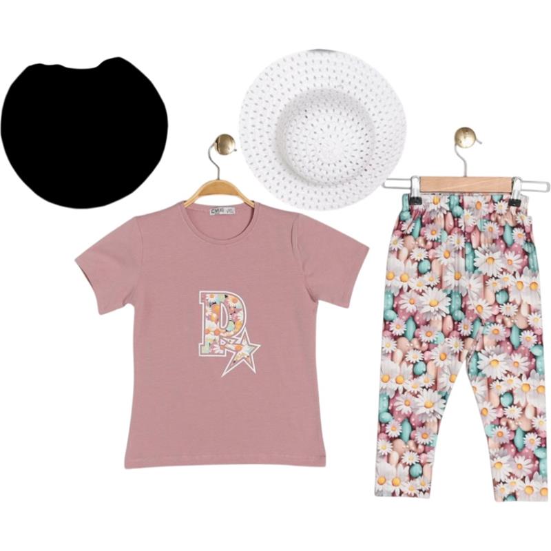 0055 Toptan 2-9 yaş arası kız çocuklar için yazlık tişört, tayt ve şapka seti 