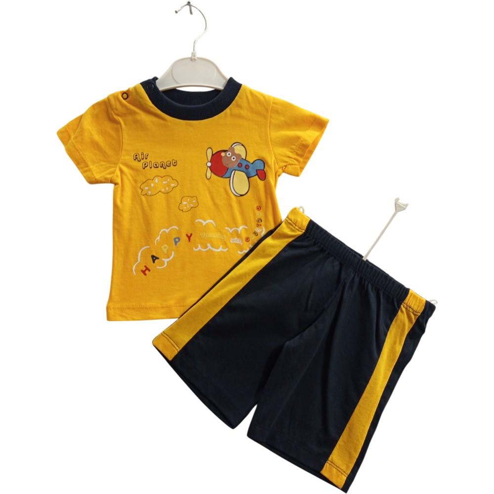 Wholesale cotton two-piece sets consisting of a t-shirt and shorts for 6-9-12-18 month old boys and girls.