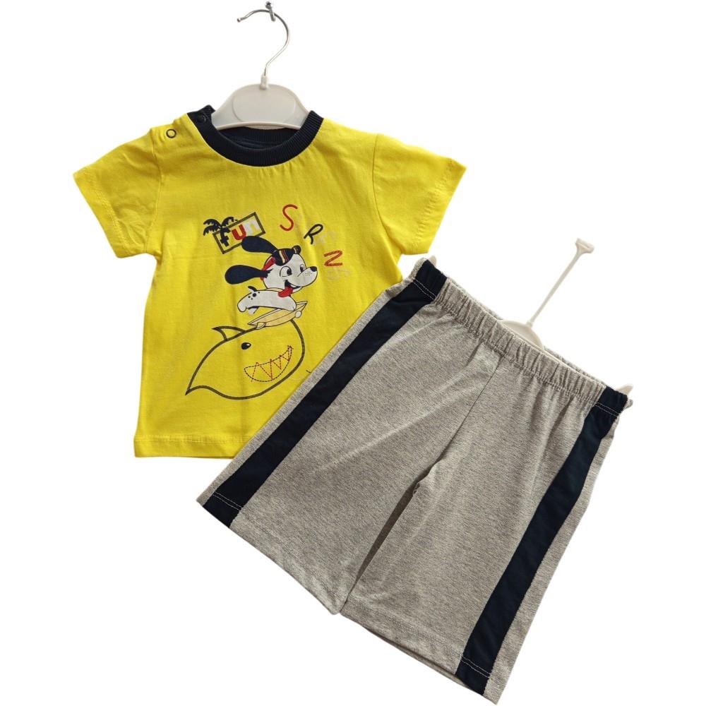 Wholesale cotton two-piece sets consisting of a t-shirt and shorts for 6-9-12-18 month old boys and girls.