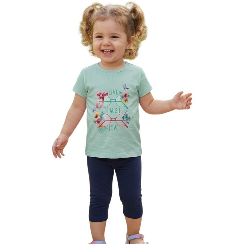 3019 toptan 1-4 yaş arası kız çocuklar için yazlık tişörtü ve taytlı ikili penye takım 