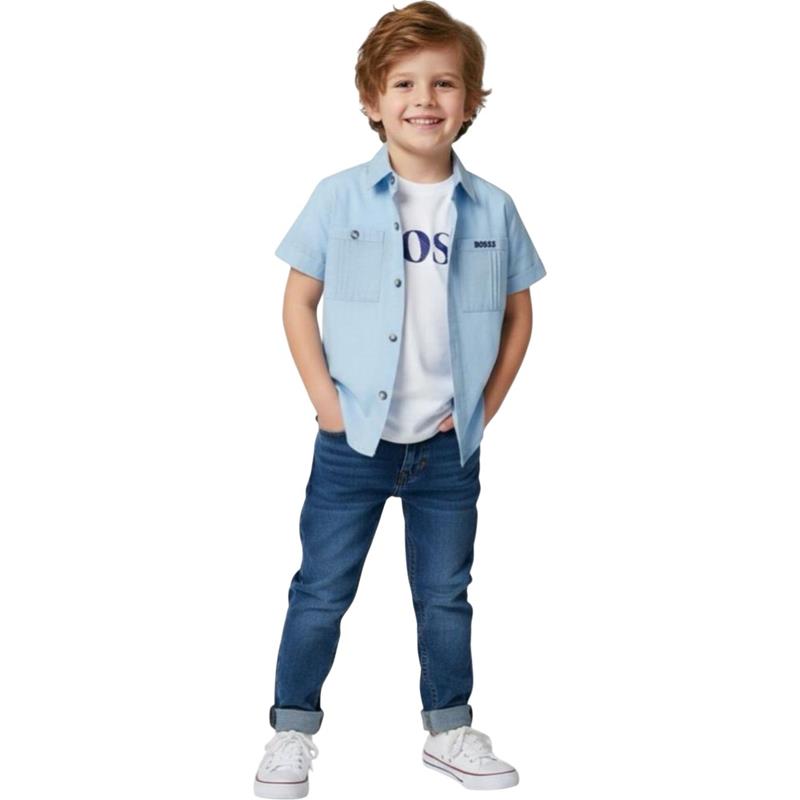 7300 Toptan 2-5 yaş arası erkek çocuklar için yazlık üç parçalı gömlek, tişört ve şortu takımlar