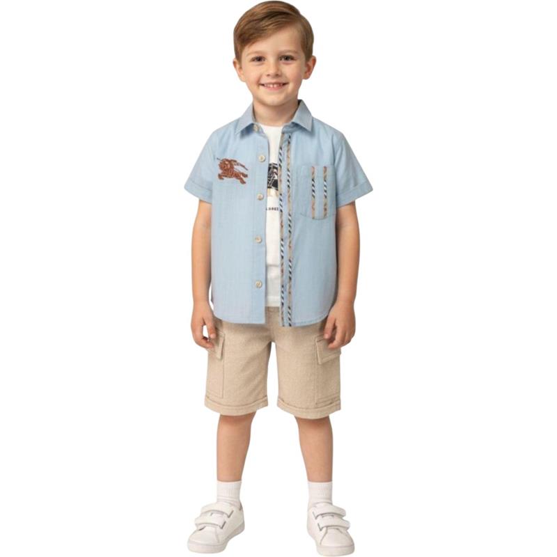 7306 Toptan 1-4 yaş arası erkek çocuklar için yazlık üç parçalı gömlek, tişört ve şortu takımlar