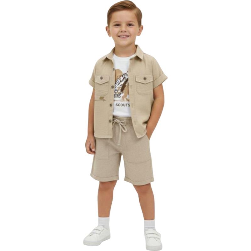 7310 Toptan 9-24 aylık arası erkek çocuklar için yazlık üç parçalı gömlek, tişört ve şortu takımlar