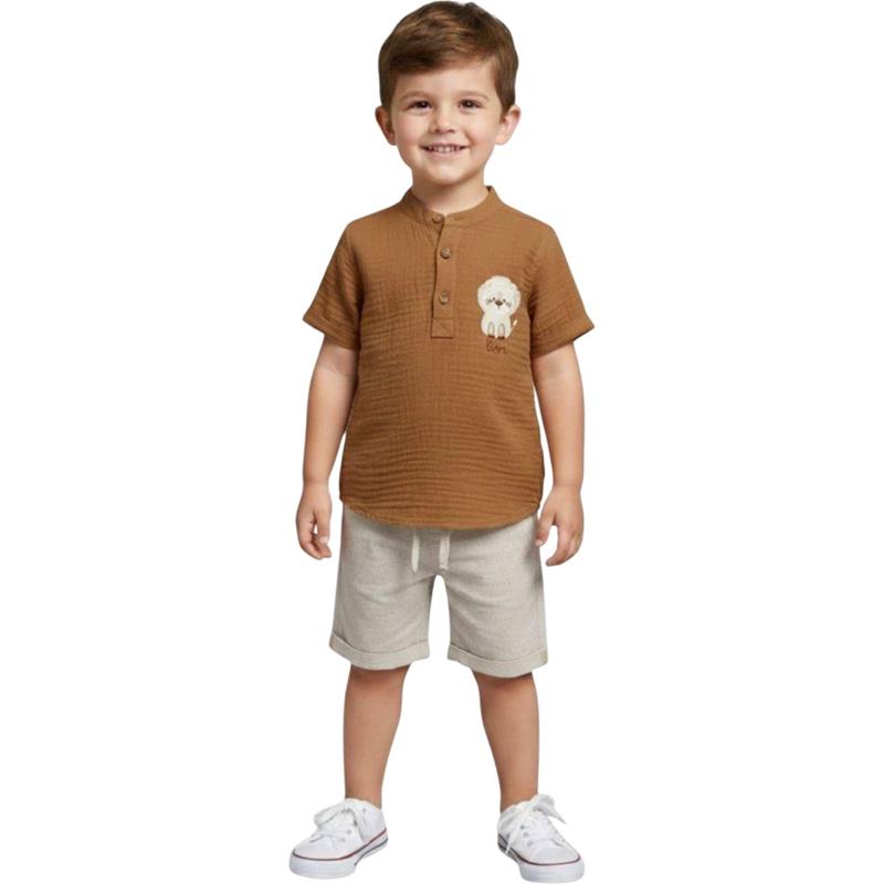 7309 toptan 9/24 aylık erkek bebekler için hakim yaka gömlek ve şortlu yazlık ikili takım