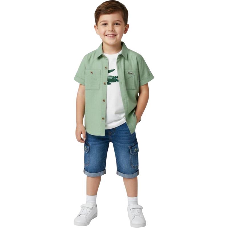 7303 Toptan 5-8 yaş arası erkek çocuklar için yazlık üç parçalı gömlek, tişört ve şortu takımlar