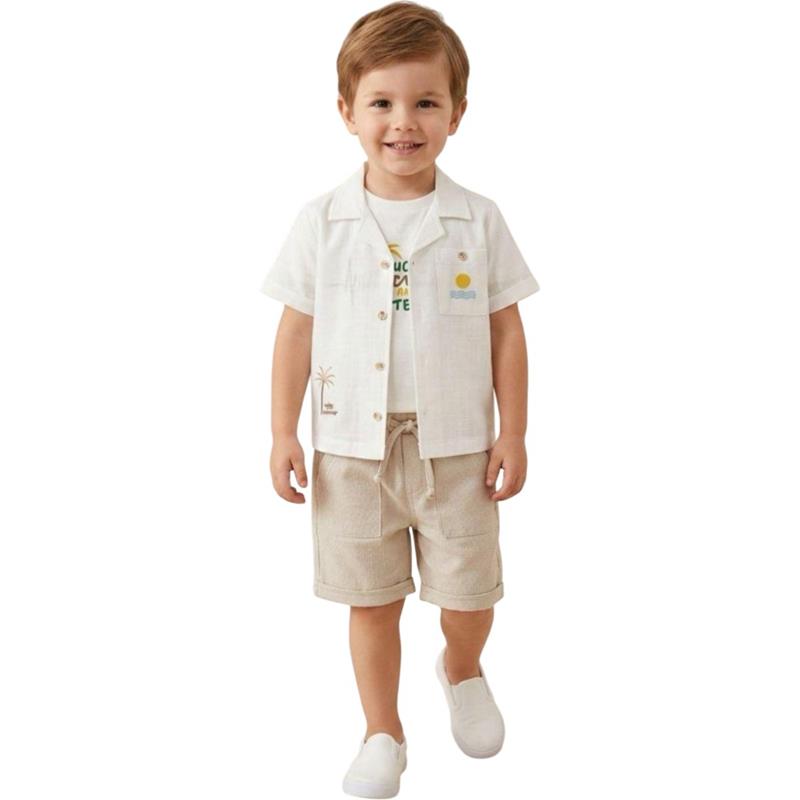 7314 Toptan 1-4 yaş arası erkek çocuklar için yazlık üç parçalı gömlek, tişört ve şortu takımlar