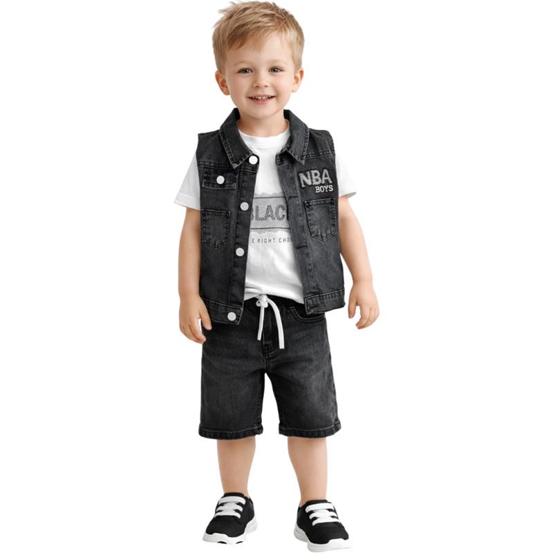 3303 toptan 2-5 yaş arası erkek çocuklar için yazlık üç parçalı kot takımlar