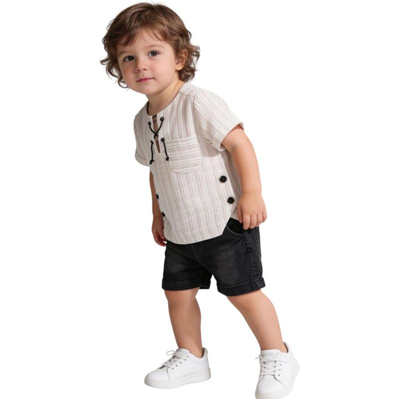 2616 toptan 9-24 aylık erkek çocuklar için şortlu gömlekli yazlık iki parçalı takım
