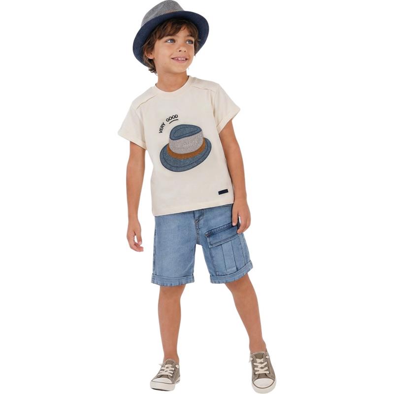 26733 Toptan 2-5 yaş arası erkek çocuklar için yazlık üç parçalı, şapka, tişört ve kot şortlu takım elbise