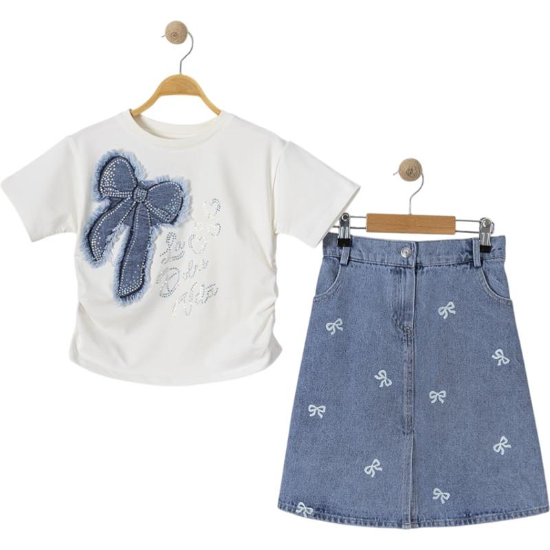 26449 Toptan 6-9 yaş arası kız çocuklar için tişört ve kot etekli yazlık ikili takımlar