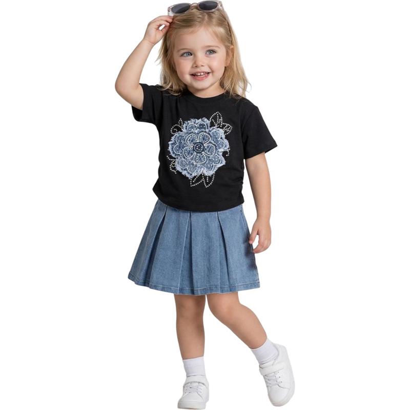 26445 Toptan 2-5 yaş arası kız çocuklar için tişört ve kot etekli yazlık ikili takımlar