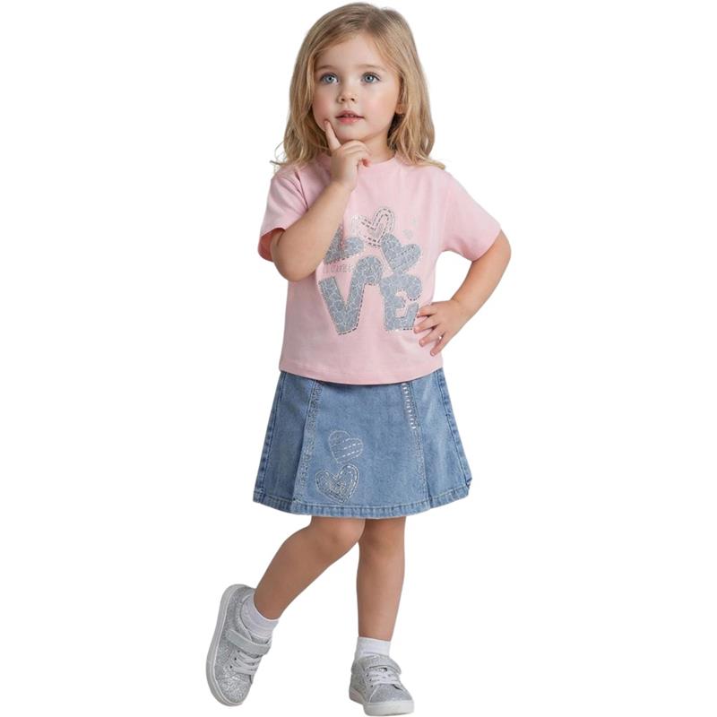26443 Toptan 2-5 yaş arası kız çocuklar için LOVE baskılı tişört ve kot etek-şortlu yazlık ikili takımlar