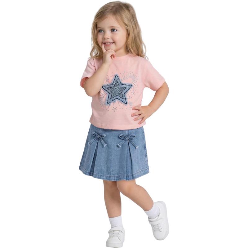 26450 Toptan 2-5 yaş arası kız çocuklar için tişört ve kot etekli yazlık ikili takımlar