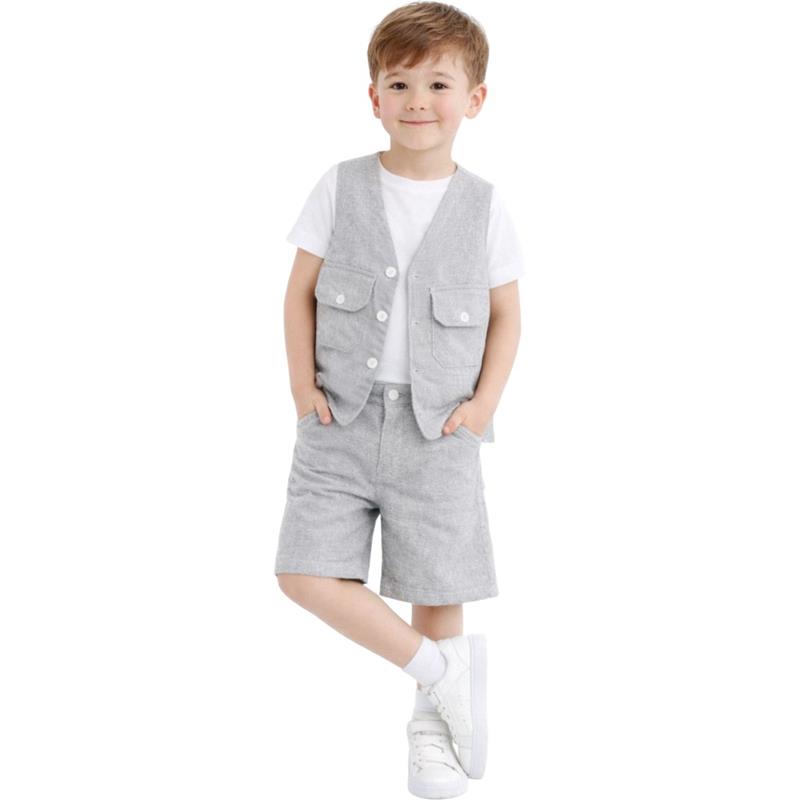 4029 Toptan 3-6 yaş arası erkek çocuklar için yelek, tişört ve şortlu yazlık üç parçalı takımlar