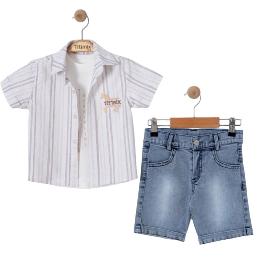 26771 оптом детские летние костюмы тройки,рубашки,футболки с джинсовыми шортами для мальчиков на 1/4 лет