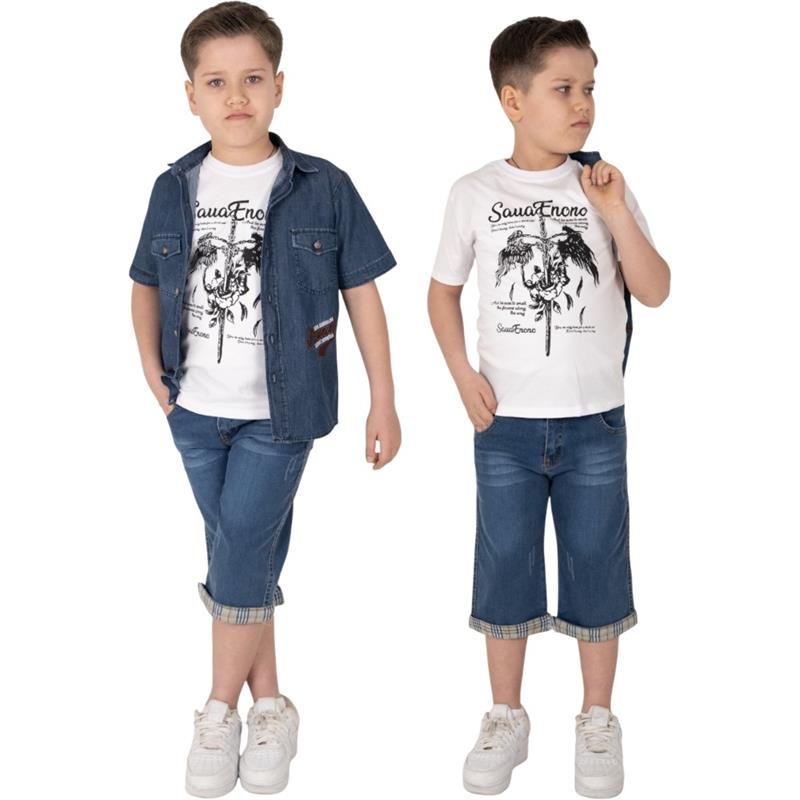 Wholesale summer three-piece sets for boys aged 3-7 years, including shirt, denim shorts, and t-shirt.