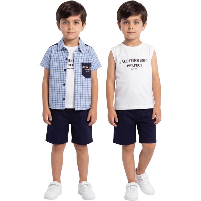 90154 оптом детские летние костюмы тройки,рубашки,футболки с джинсовыми шортами для мальчиков на 2/5 лет
