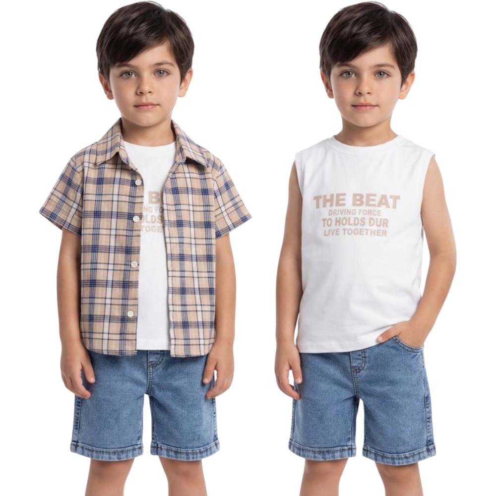 90157 Toptan 2-5 yaş arası erkek çocuklar için yazlık üç parçalı gömlek, kot şortlu ve tişörtlü takımlar 