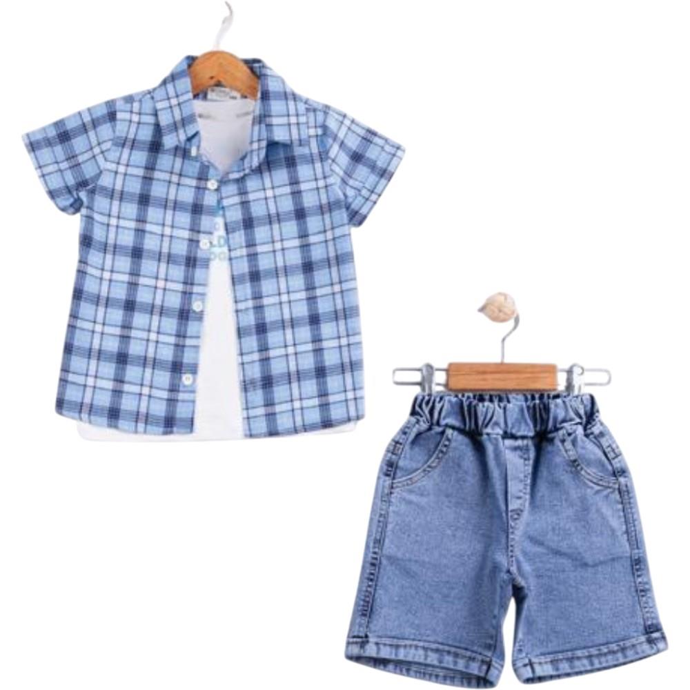 90157 Toptan 2-5 yaş arası erkek çocuklar için yazlık üç parçalı gömlek, kot şortlu ve tişörtlü takımlar 