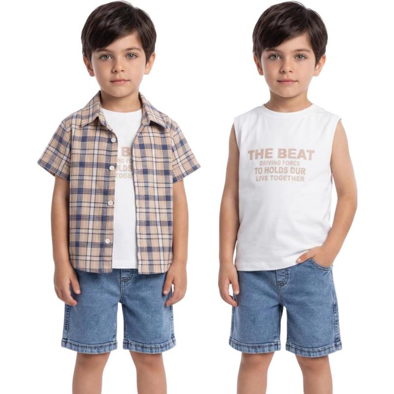 90158 оптом детские летние костюмы тройки,рубашки,футболки с джинсовыми шортами для мальчиков на 5/8 лет