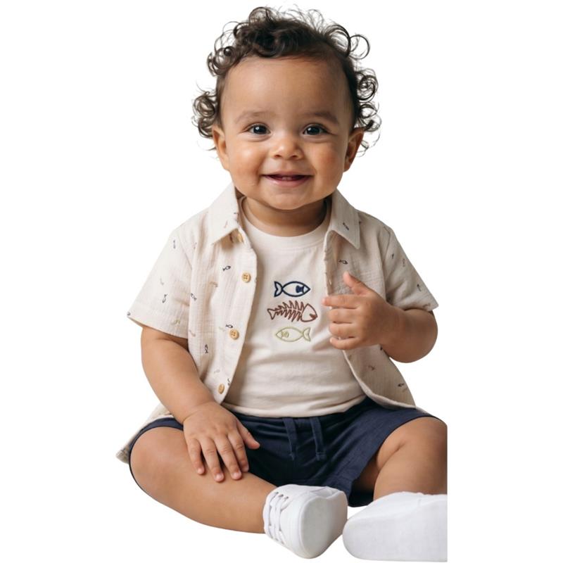 0568 Wholesale three-piece summer set for 6-18 month old baby boys: shirt, t-shirt, and shorts.