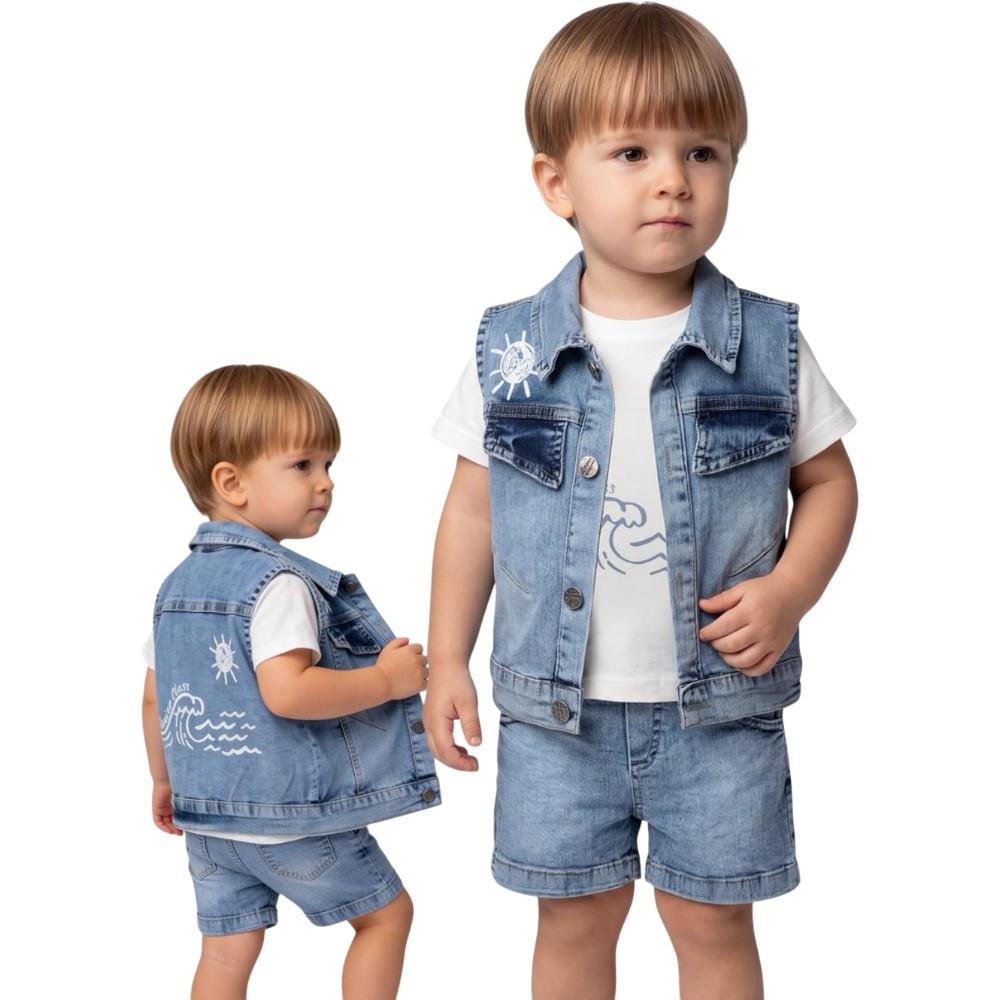 2607 Wholesale 9-24 month old boys' summer three-piece set including denim vest, t-shirt and denim shorts