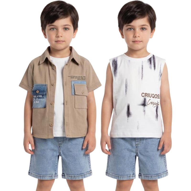 90173 Wholesale 5/8 Three-piece summer suit for boys consisting of shirt, t-shirt and denim shorts.