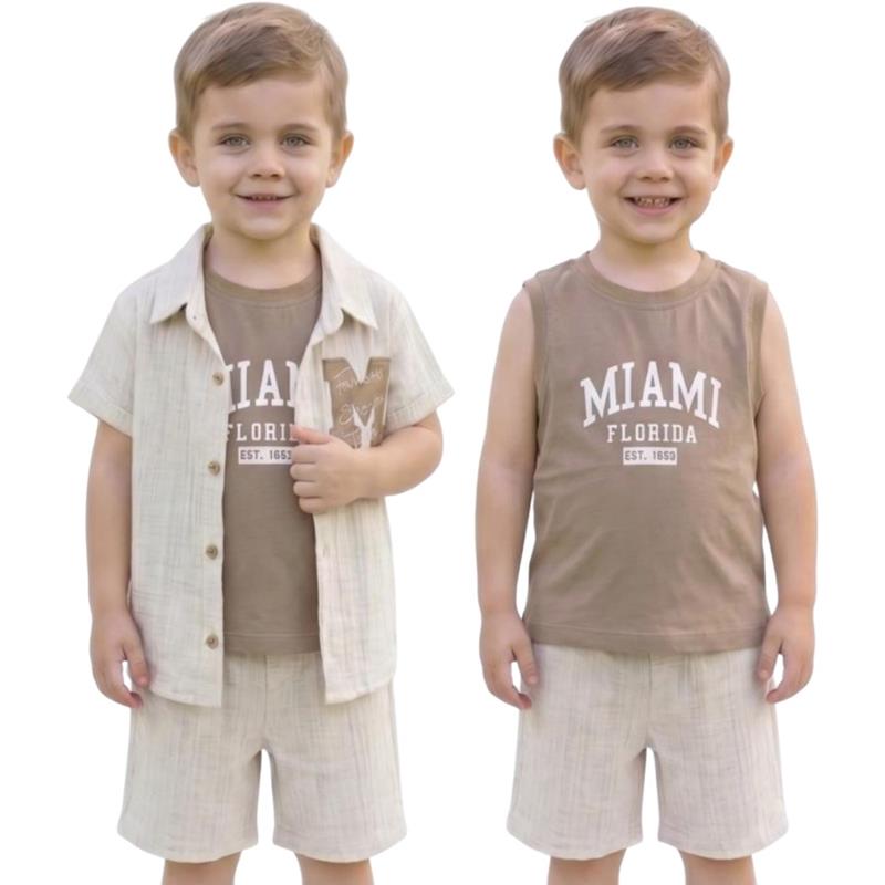 90176 Wholesale three-piece summer suit for boys aged 2 to 5 years, consisting of a shirt, T-shirt and shorts with an embroidered letter "M"