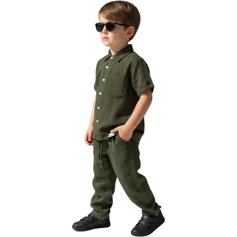 Wholesale children's summer two-piece suits made of muslin shirts and pants for boys aged 6-10 years