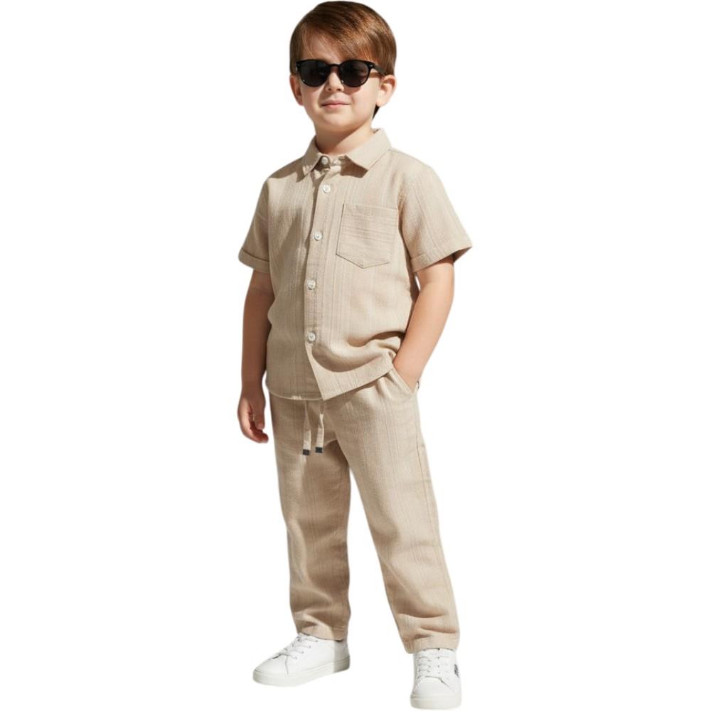 Wholesale children's summer two-piece suits made of muslin shirts and pants for boys aged 6-10 years