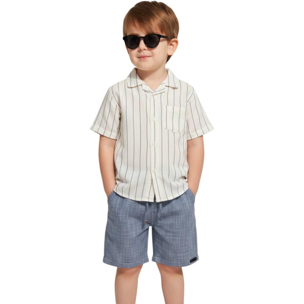 Wholesale two-piece summer suit for boys aged 6-10, consisting of a striped shirt and shorts.
