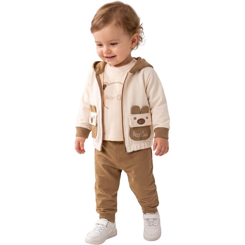 2550 wholesale two-thread seasonal BEAR CLUB embroidered three-piece set for boys aged 6-18 months.