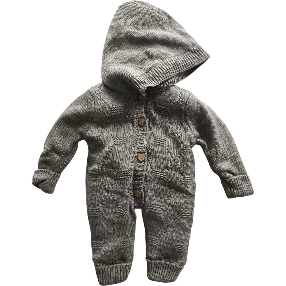 6002 wholesale knitted baby jumpsuit with a hood for newborns 3/12 months