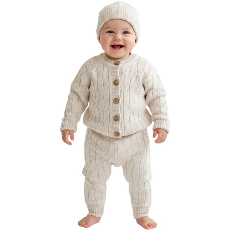 6102 wholesale knitted set for newborns (cardigan with buttons, pants and hat) for babies 3/12 months