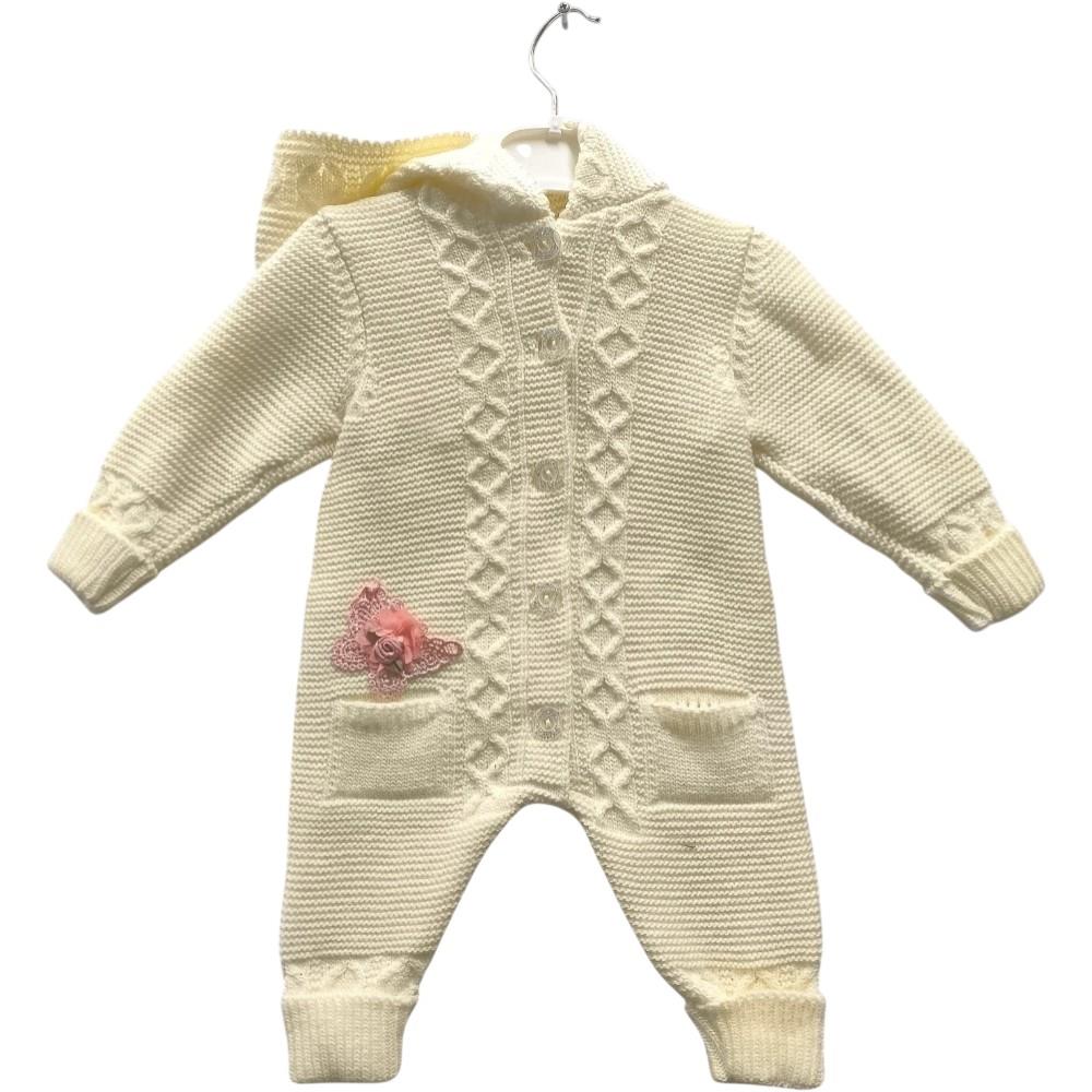 Wholesale knitted baby jumpsuit with a hood for newborns aged 3-6-9 months